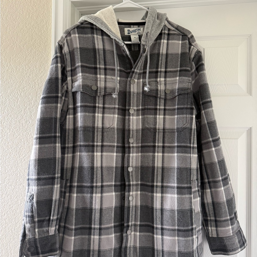 Duluth Trading Co Gray Plaid Hooded Shirt Jacket